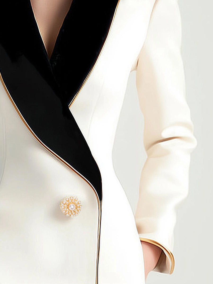 Kaenisse - Elegant White Asymmetric Blazer with Black Lapels