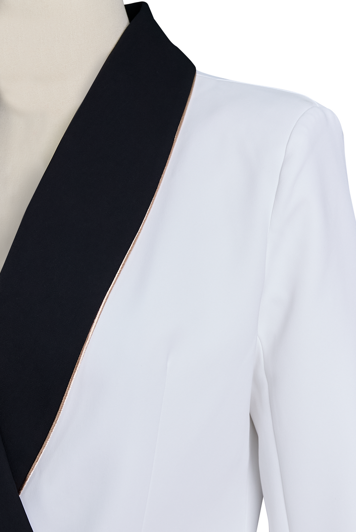Kaenisse - Elegant White Asymmetric Blazer with Black Lapels