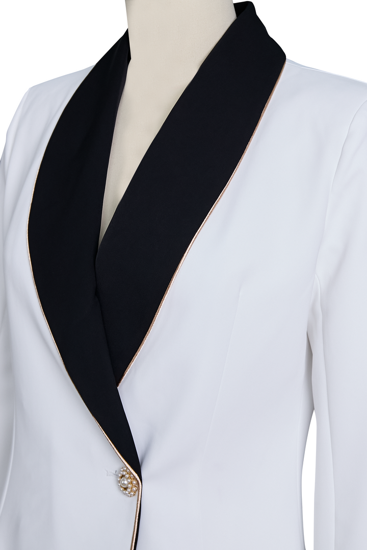 Kaenisse - Elegant White Asymmetric Blazer with Black Lapels
