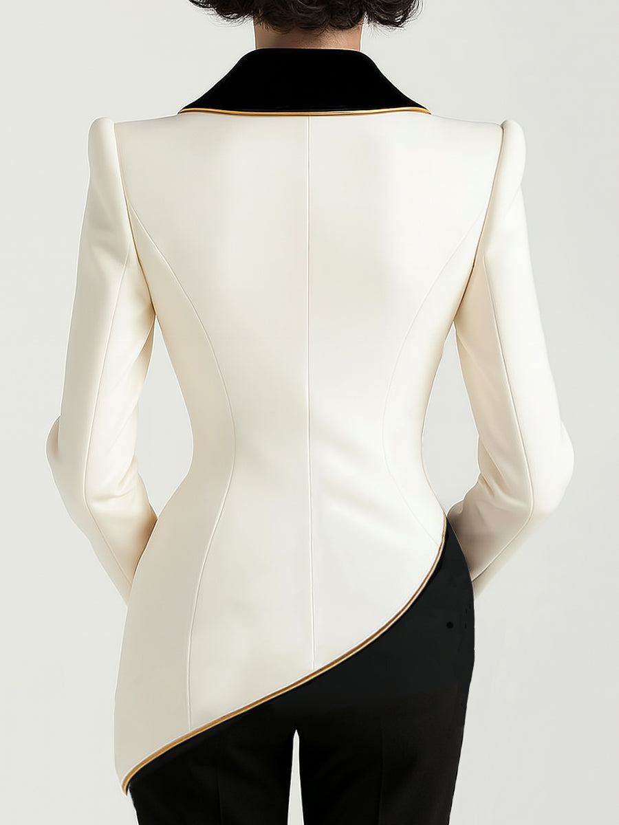Kaenisse - Elegant White Asymmetric Blazer with Black Lapels
