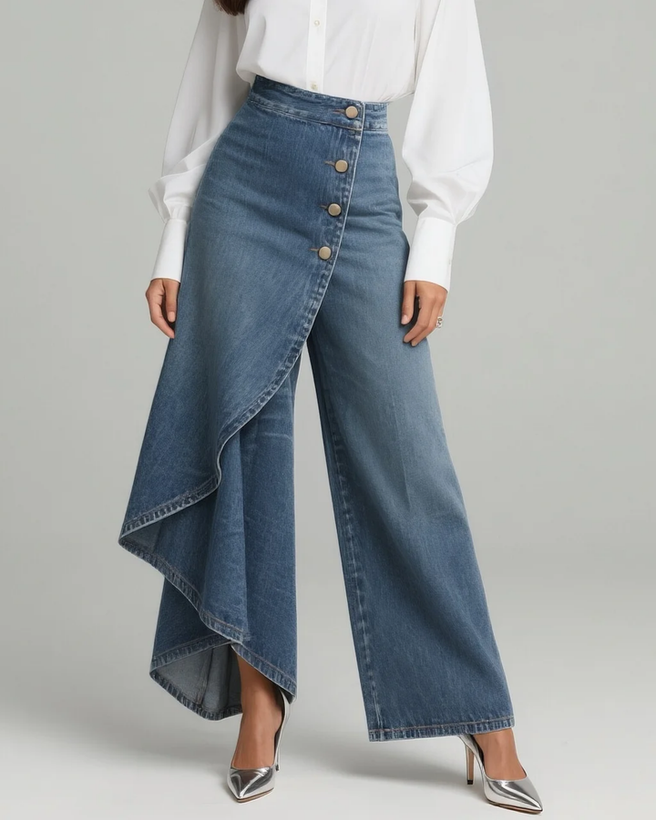 Pavellea - Wide-Leg Denim Jeans with Crossed Skirt Effect