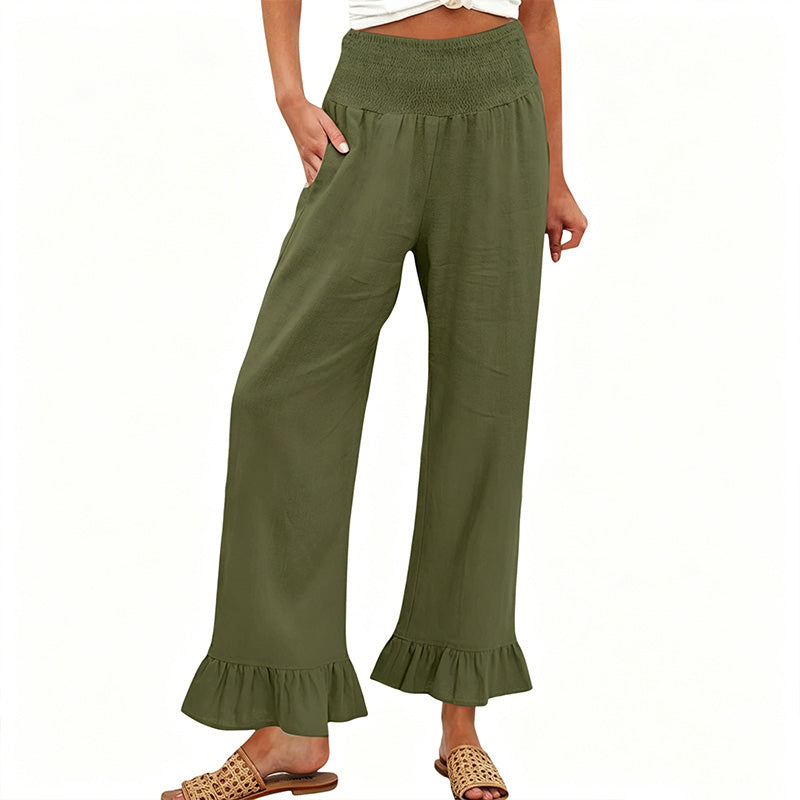 Dorexa - Women's High-Waist Smocked Wide-Leg Cotton-Linen Boho Pants