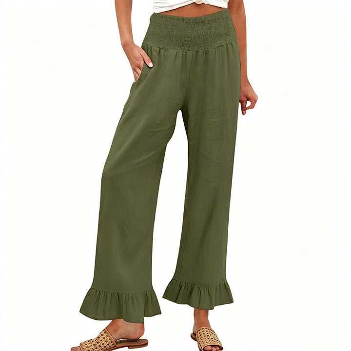 Dorexa - Women's High-Waist Smocked Wide-Leg Cotton-Linen Boho Pants