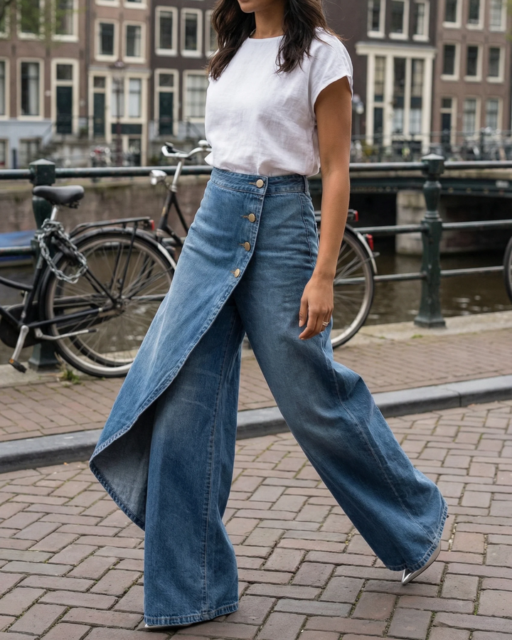 Pavellea - Wide-Leg Denim Jeans with Crossed Skirt Effect