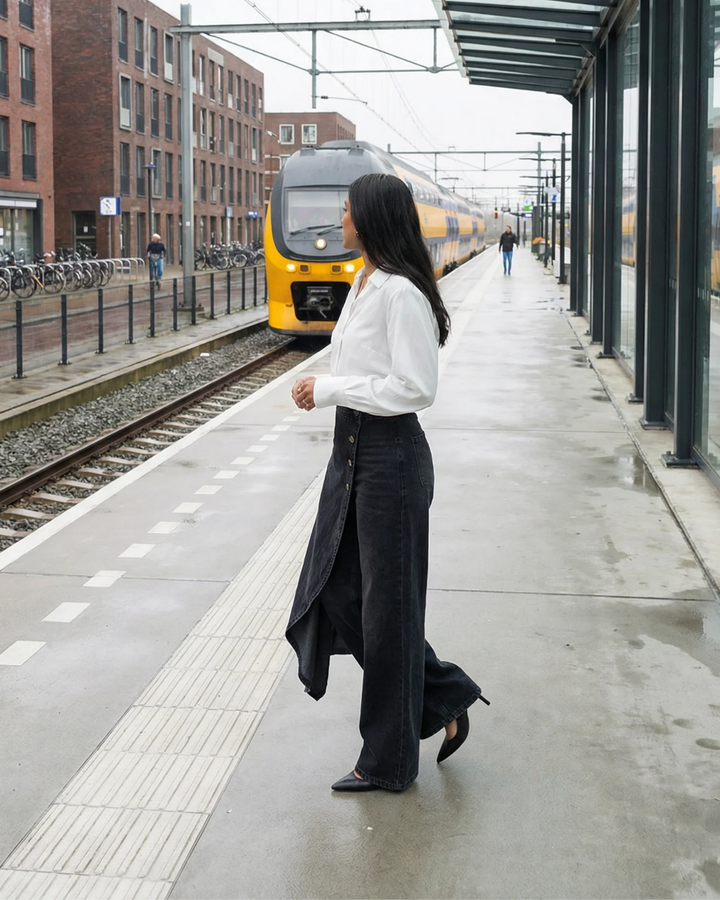 Pavellea - Wide-Leg Denim Jeans with Crossed Skirt Effect