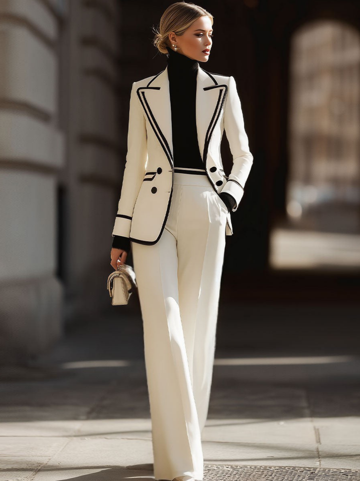 Praxine - Elegant Women's Double-Breasted Blazer and Wide-Leg Trouser Set
