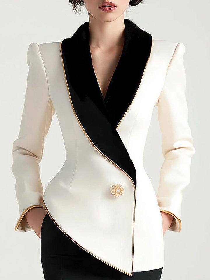 Kaenisse - Elegant White Asymmetric Blazer with Black Lapels