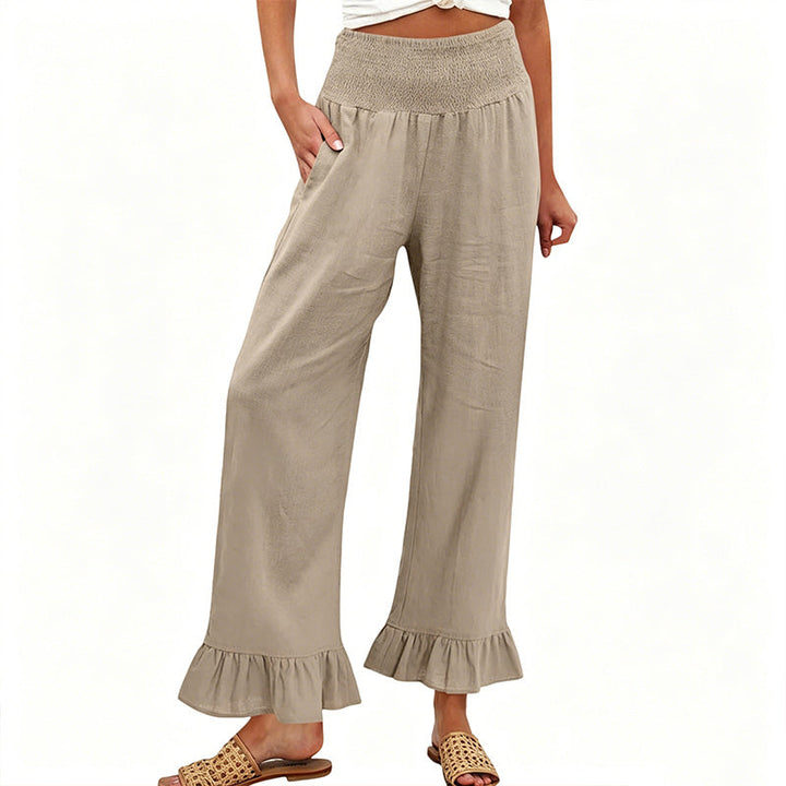 Dorexa - Women's High-Waist Smocked Wide-Leg Cotton-Linen Boho Pants