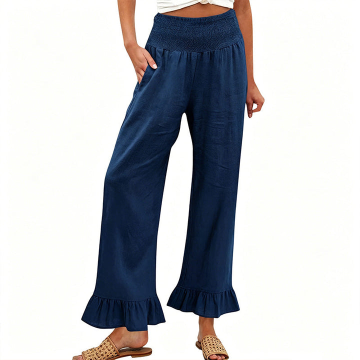 Dorexa - Women's High-Waist Smocked Wide-Leg Cotton-Linen Boho Pants