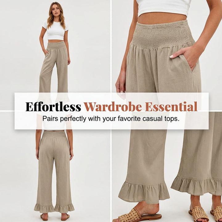 Dorexa - Women's High-Waist Smocked Wide-Leg Cotton-Linen Boho Pants
