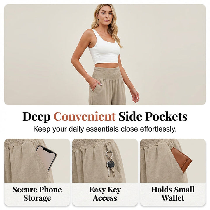 Dorexa - Women's High-Waist Smocked Wide-Leg Cotton-Linen Boho Pants