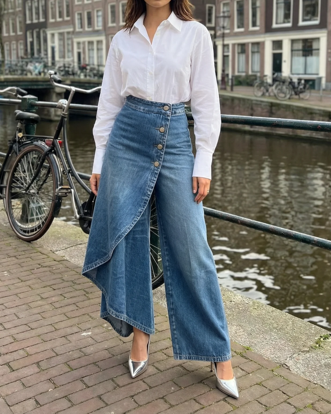 Pavellea - Wide-Leg Denim Jeans with Crossed Skirt Effect