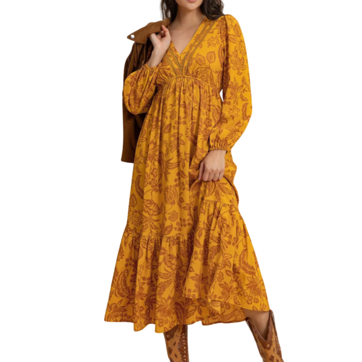 Fauna™ | Floral Ruffle Hem Bishop Sleeve Dress