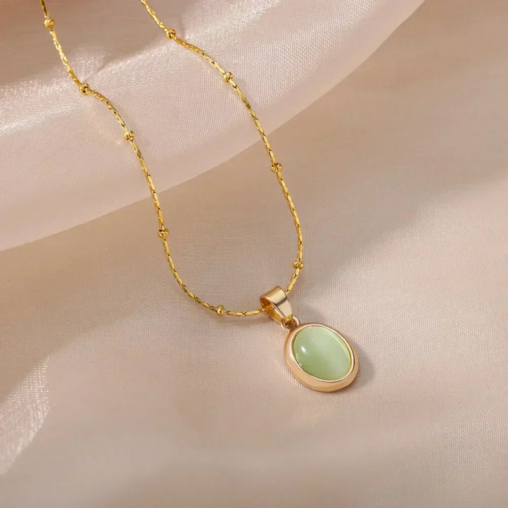Chic Gold Stainless Steel Opal Water-Drop Pendant Necklace