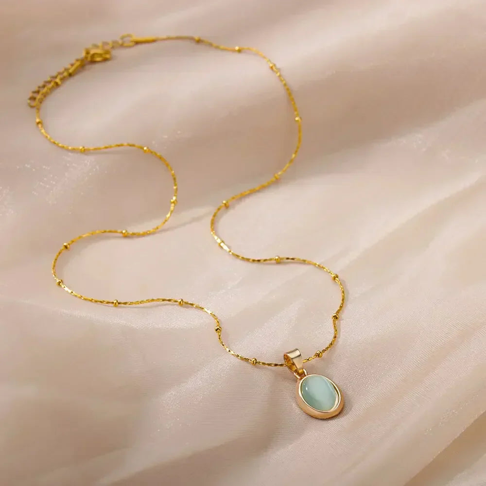 Chic Gold Stainless Steel Opal Water-Drop Pendant Necklace