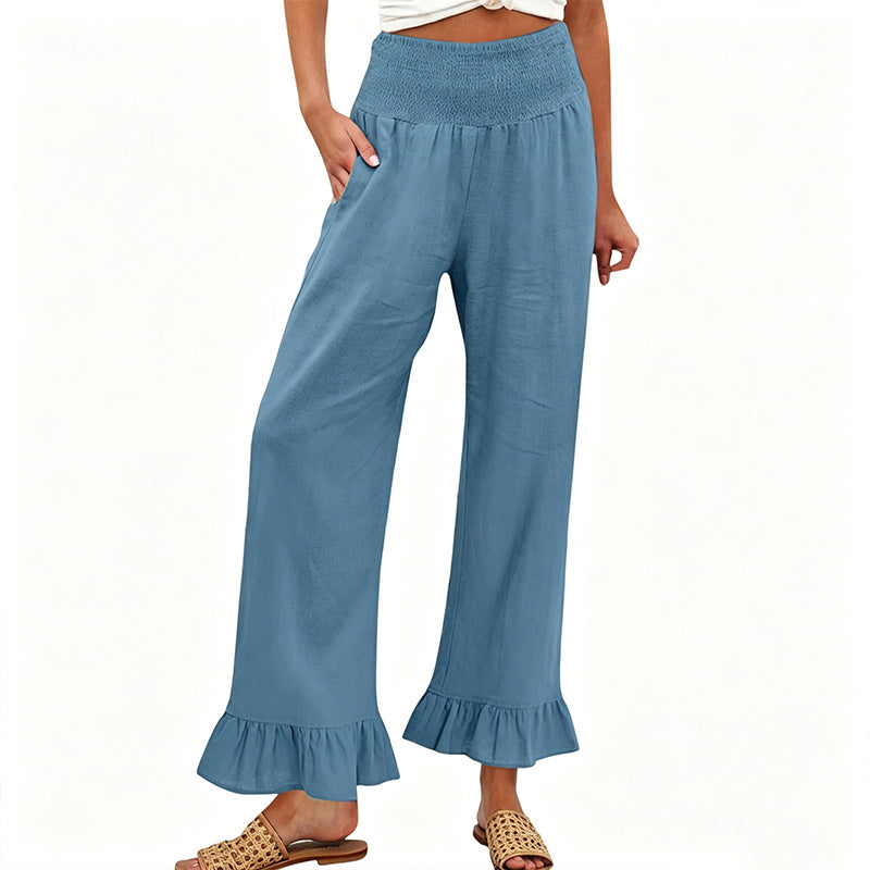Dorexa - Women's High-Waist Smocked Wide-Leg Cotton-Linen Boho Pants