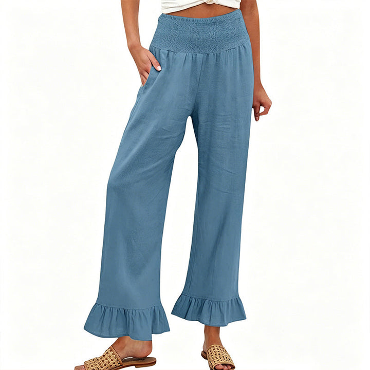 Dorexa - Women's High-Waist Smocked Wide-Leg Cotton-Linen Boho Pants