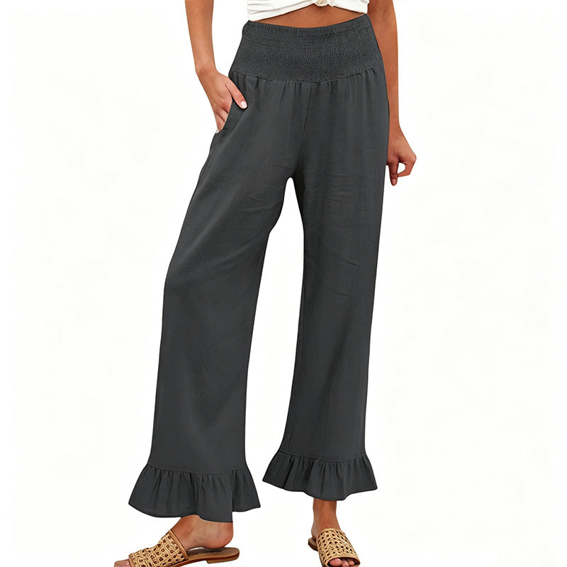 Dorexa - Women's High-Waist Smocked Wide-Leg Cotton-Linen Boho Pants