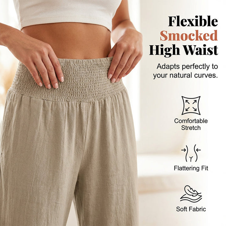 Dorexa - Women's High-Waist Smocked Wide-Leg Cotton-Linen Boho Pants