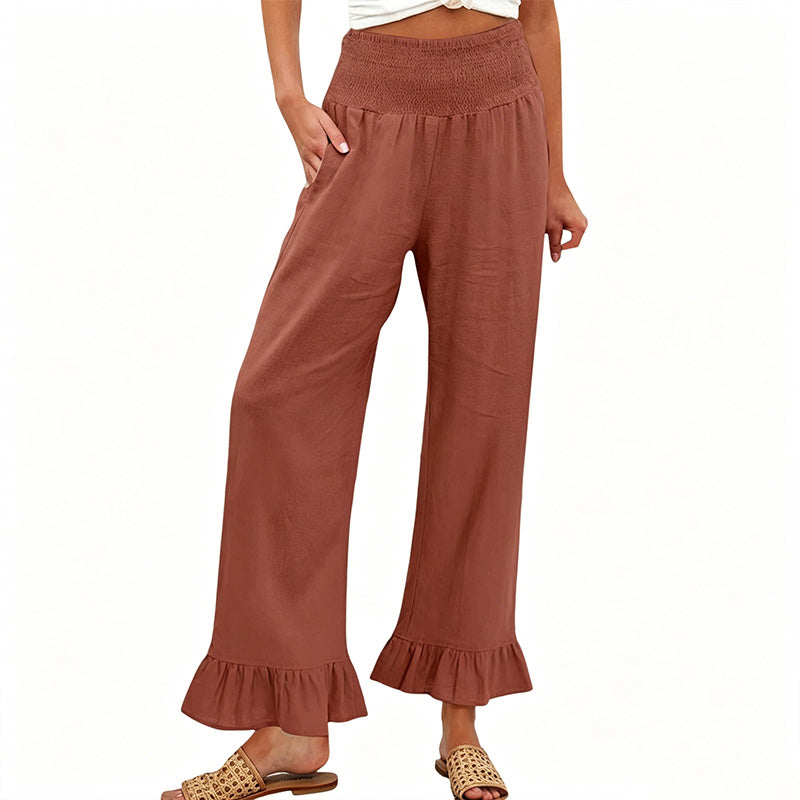 Dorexa - Women's High-Waist Smocked Wide-Leg Cotton-Linen Boho Pants