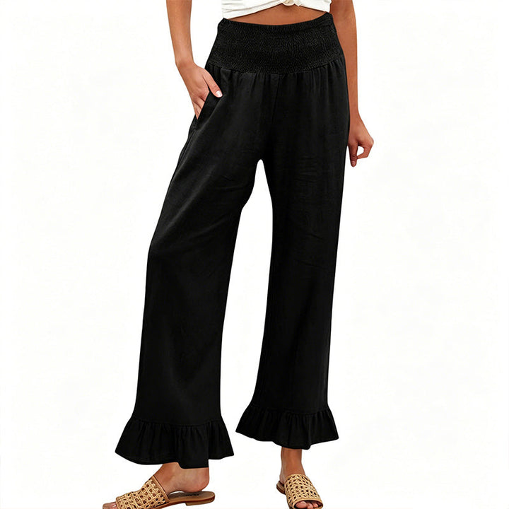 Dorexa - Women's High-Waist Smocked Wide-Leg Cotton-Linen Boho Pants