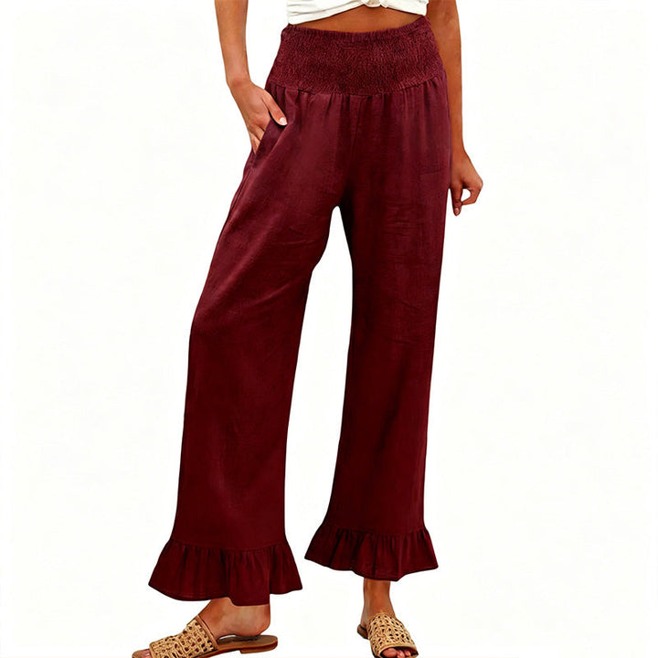 Dorexa - Women's High-Waist Smocked Wide-Leg Cotton-Linen Boho Pants