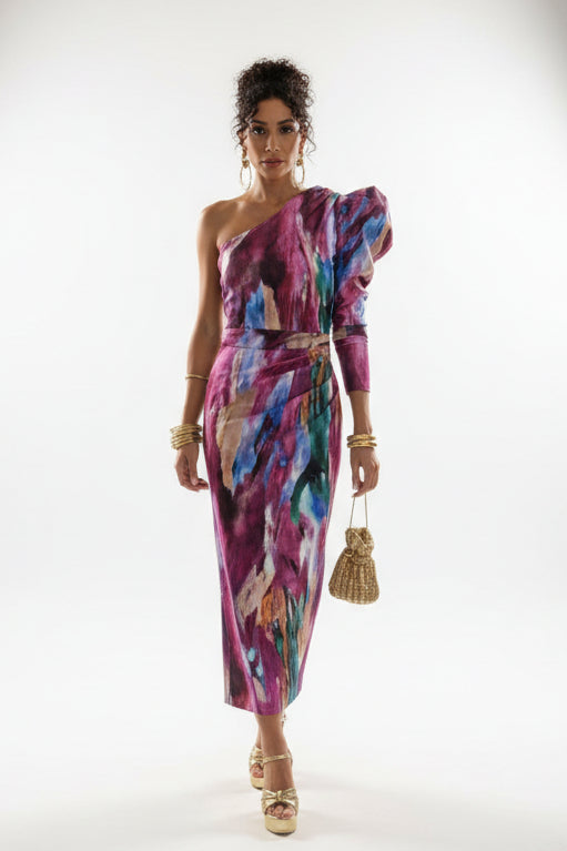 Yllana - Purple Puff One Shoulder Midi Dress