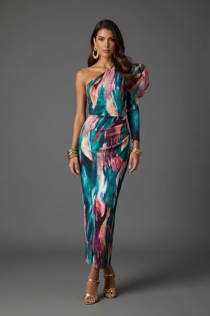 Yllana - Purple Puff One Shoulder Midi Dress
